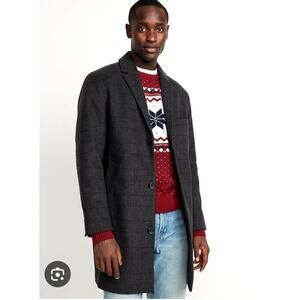 NEW! Old Navy Men's L Soft-Brushed Wool Blend Plaid Topcoat Trench Coat Gray